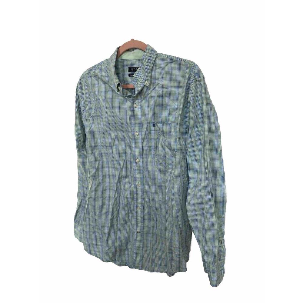 IZOD Men's M Premium Essentials Button Down Long Sleeve Shirt Green Blue Office